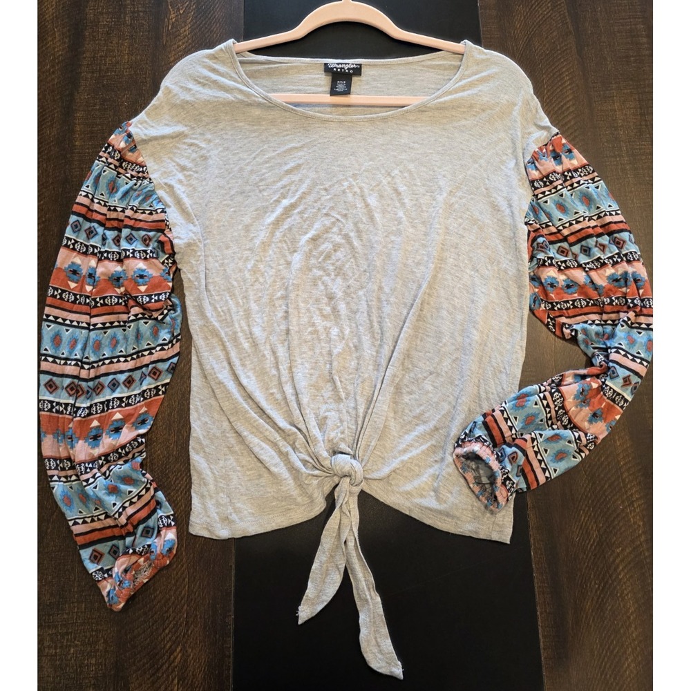 Wrangler Retro Shirt Aztec Southwestern Balloon Long Sleeve Gray Tie Front Small